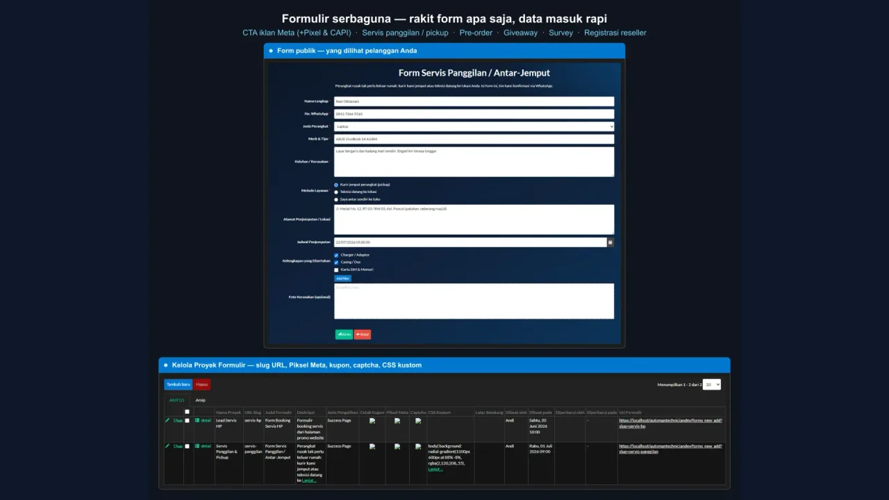 Form Builder Automan menampilkan formulir servis panggilan untuk pelanggan dan daftar proyek formulir dengan Pixel Meta