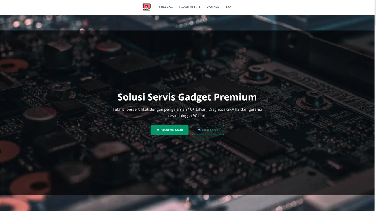 Preview halaman publik TechServis hasil Page Builder dengan navigasi, hero, dan tombol tindakan
