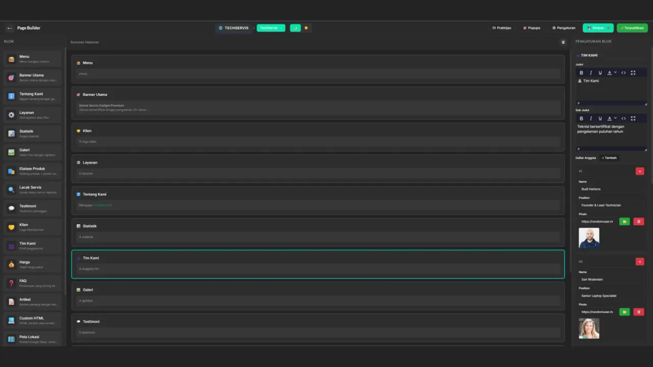 Editor Page Builder menyusun halaman toko servis dari blok menu, banner, layanan, galeri, tim, harga, dan kontak