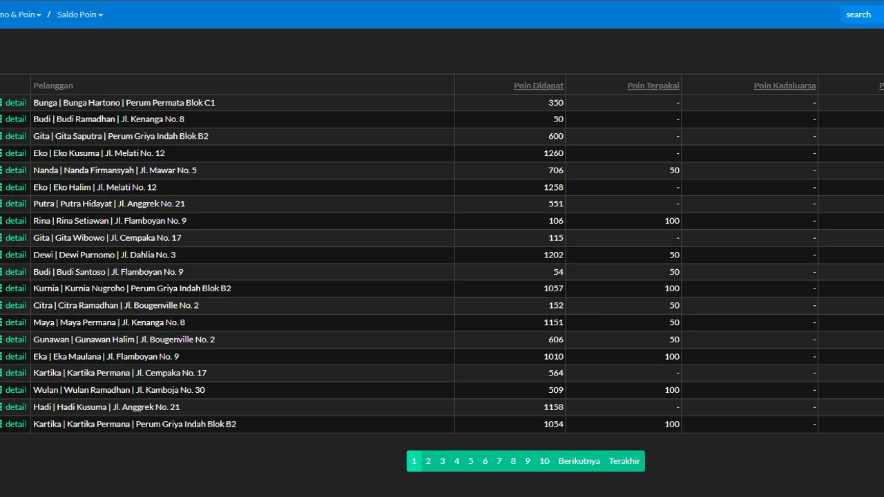 A customer's point balance: earned from transactions, used, expired, and currently available
