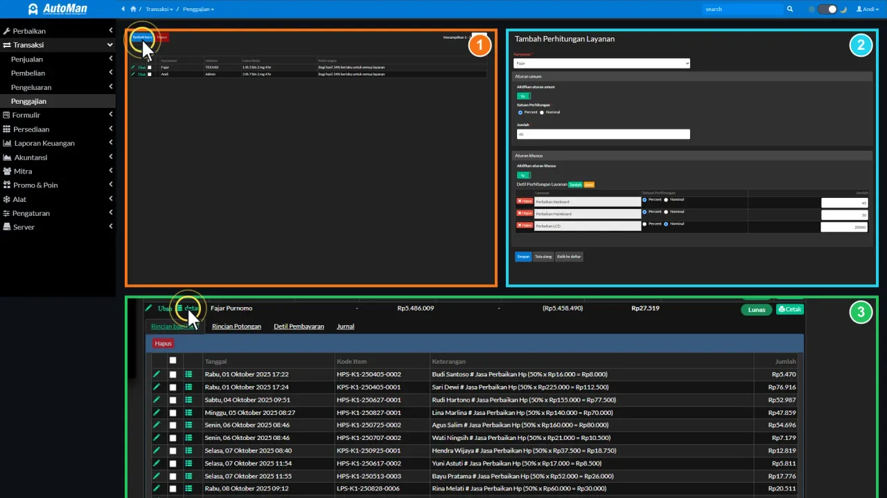 Automan commission setup and a technician slip calculated from recorded work