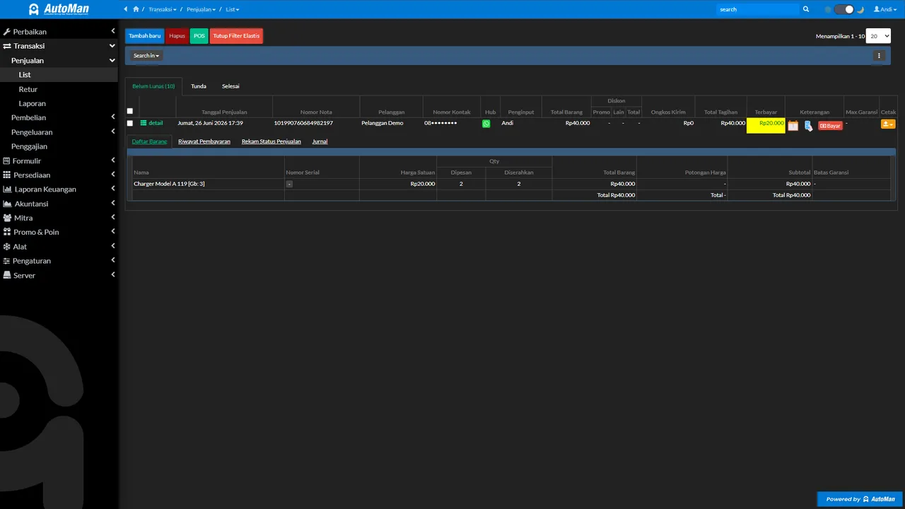 Automan Sales SLS opening item, payment history, status history, and journal details from one invoice