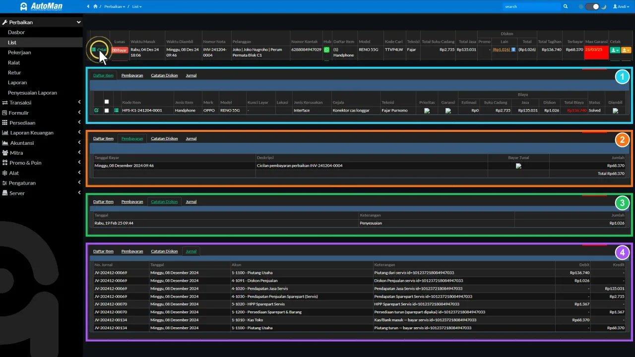 Smart Link System connecting one repair to its items, payments, discount notes, and journal