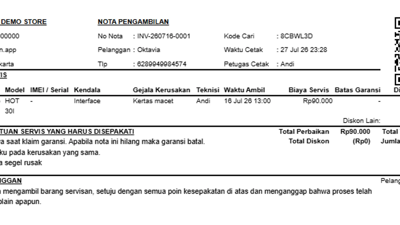 Pickup receipt with an item-specific warranty and its end date