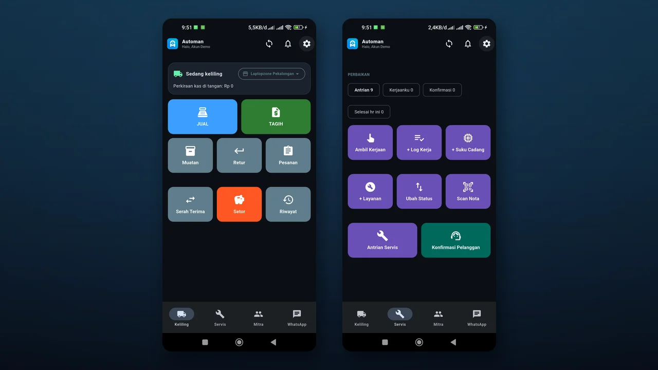 Aplikasi Android Automan Mobile: daftar servisan dan pengerjaan teknisi tetap berjalan tanpa sinyal