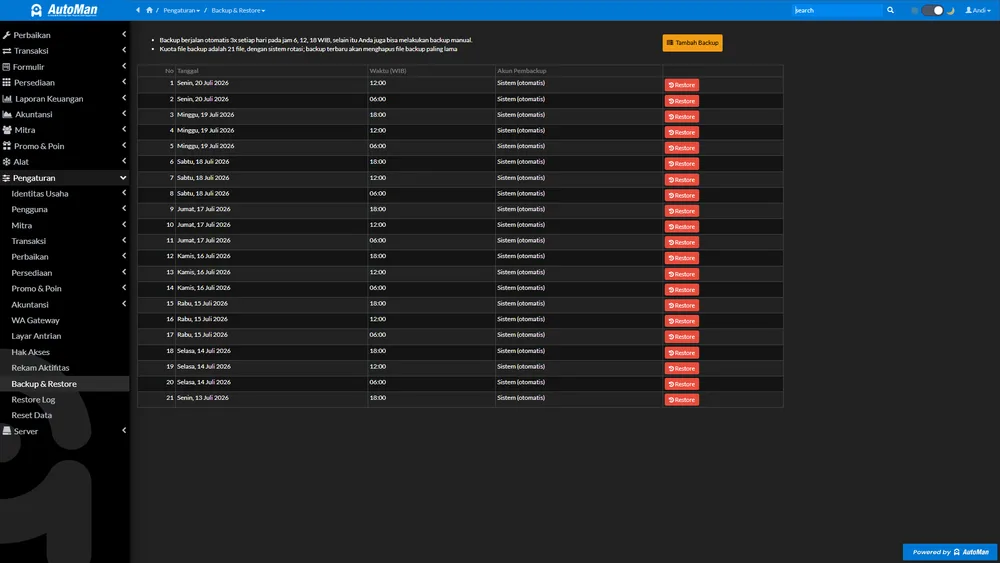 Halaman Backup & Restore Automan dengan 21 file backup otomatis terjadwal dan tombol restore per file