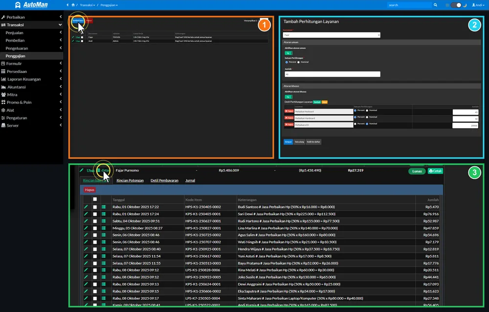Pengaturan bagi hasil teknisi Automan: daftar aturan, form setup, dan rincian per teknisi