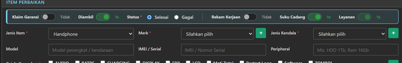 Form penerimaan cepat Automan pada Jenis Usaha HP dan komputer: judul seksi Item Perbaikan, Jenis Item terisi Handphone, lalu kolom Merk, Jenis Kendala, Model, IMEI / Serial, dan Peripheral