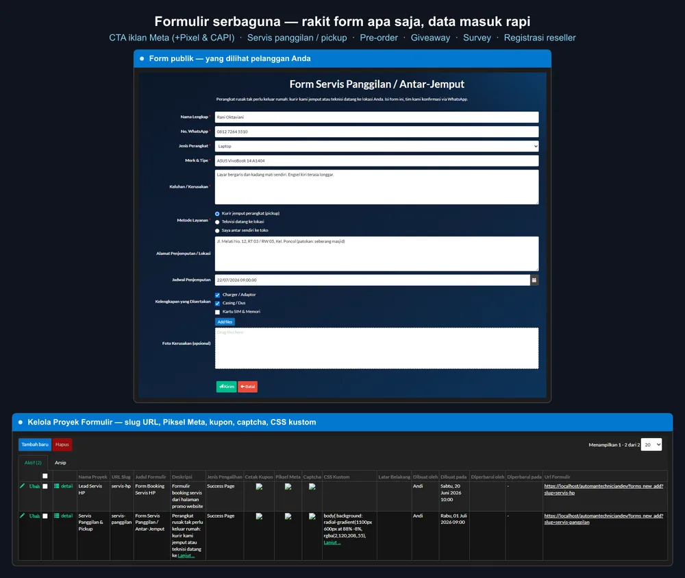 Form publik servis panggilan Automan beserta pengelolaan proyek formulir dengan Piksel Meta