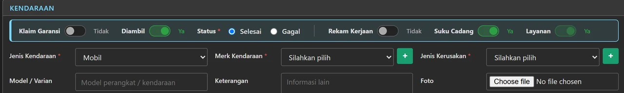 Form penerimaan cepat Automan pada Jenis Usaha bengkel mobil: judul seksi berbunyi KENDARAAN, dengan kolom Jenis Kendaraan terisi Mobil, Merk Kendaraan, Jenis Kerusakan, dan Model / Varian