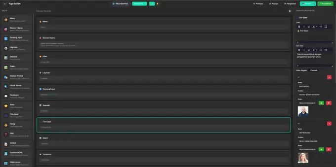 Editor Page Builder Automan: susunan blok halaman, pilihan blok, dan pengaturan konten