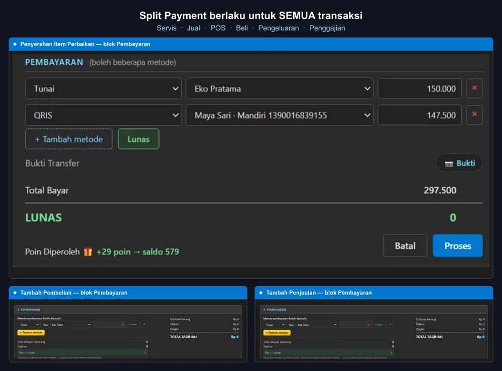 Pembayaran campuran di Automan: satu transaksi dibayar sebagian tunai, sebagian transfer, pada form penyerahan servis, pembelian, dan penjualan