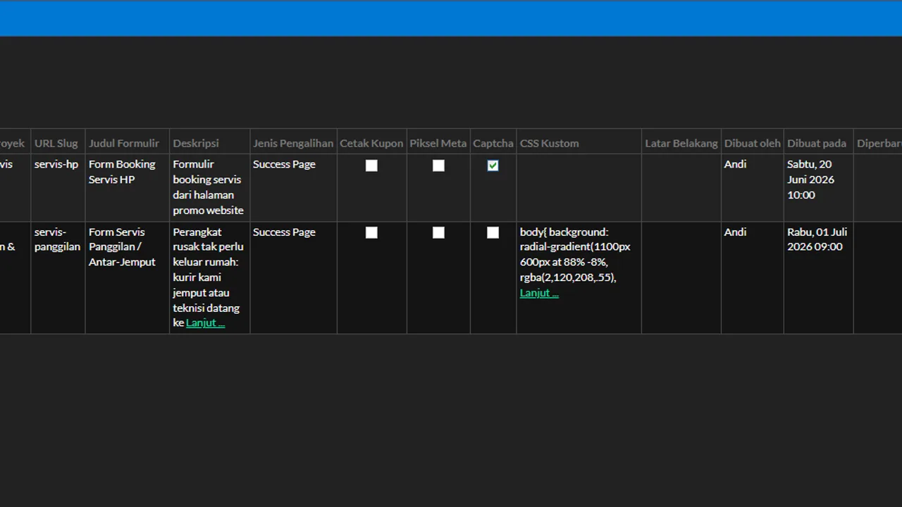 Form project list showing project name, URL slug, and form title columns