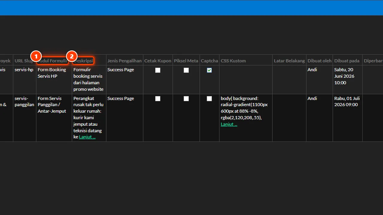 Form title and description columns in the project list