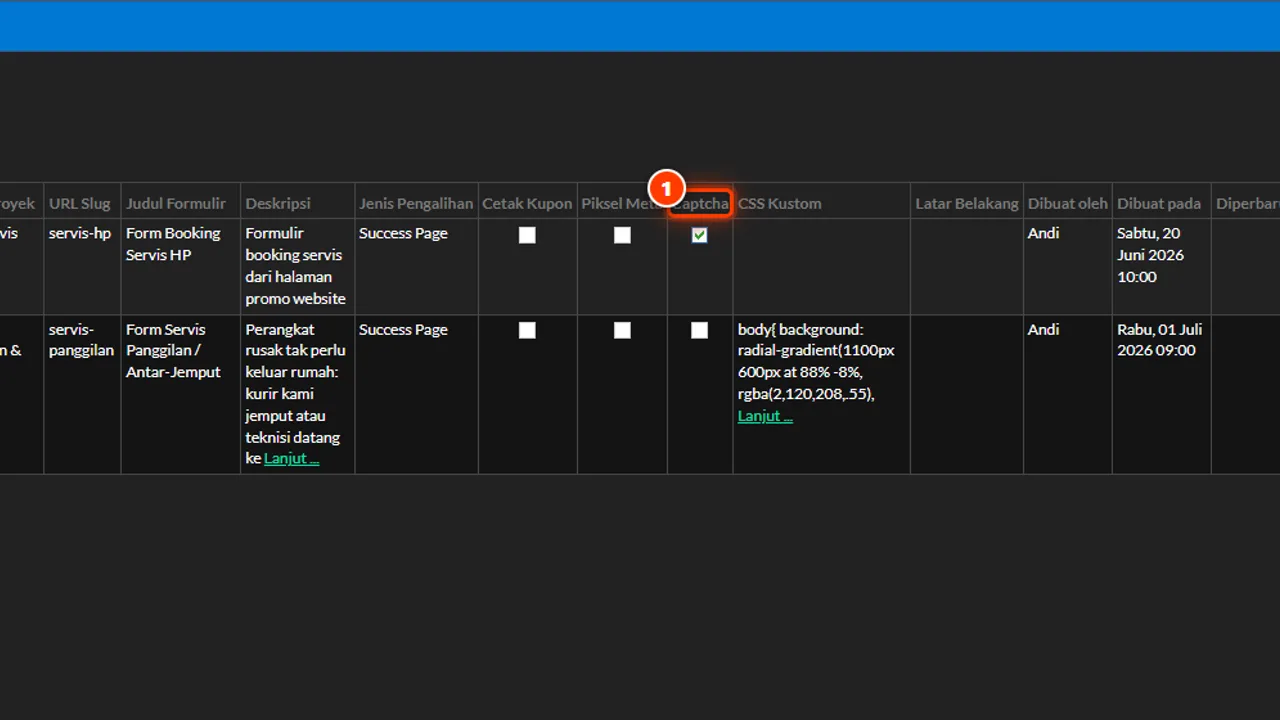 Captcha column in the form project list acting as spam protection