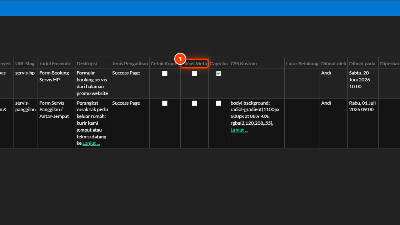 Meta pixel column in the form project list for ad tracking