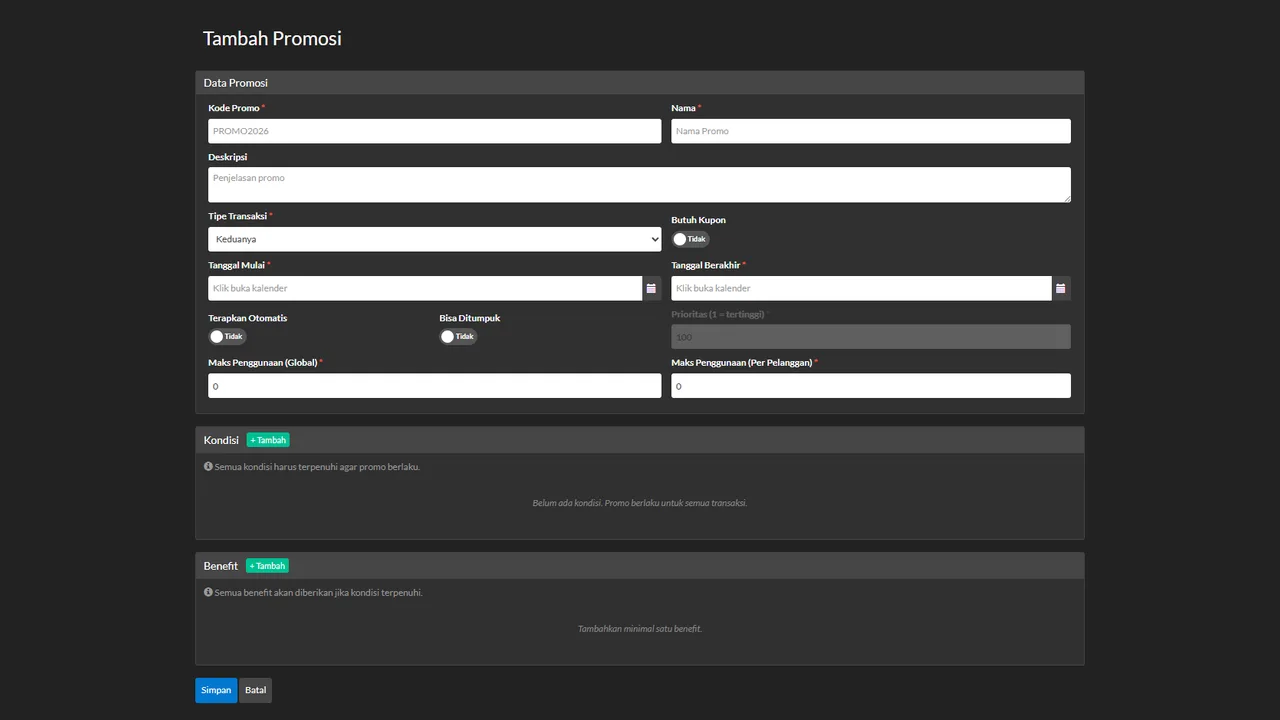 Promotion data form with its condition and benefit sections