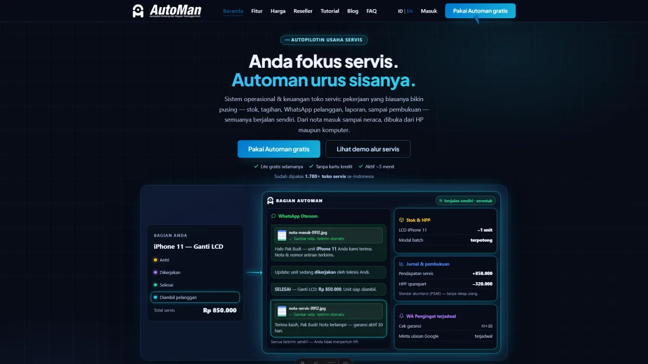 Tombol Pakai Automan gratis di kanan atas situs membuka halaman Signup Akun Automan