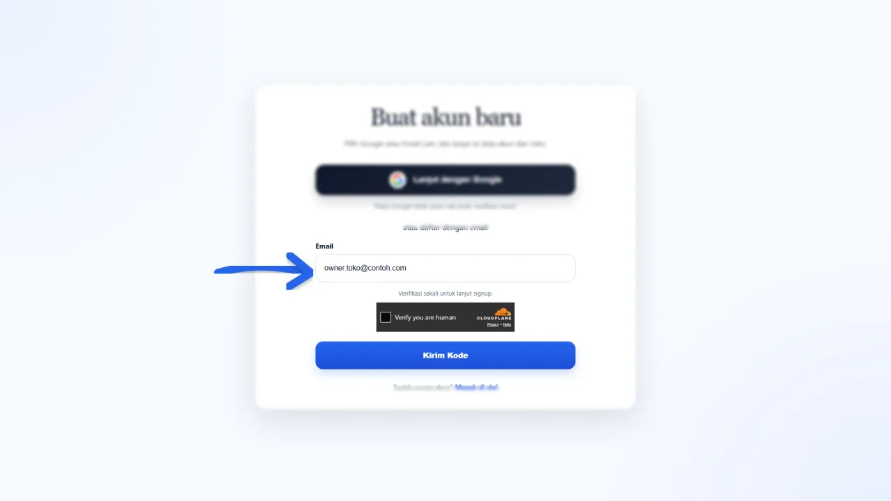 Pilihan daftar dengan email dan tombol Kirim Kode
