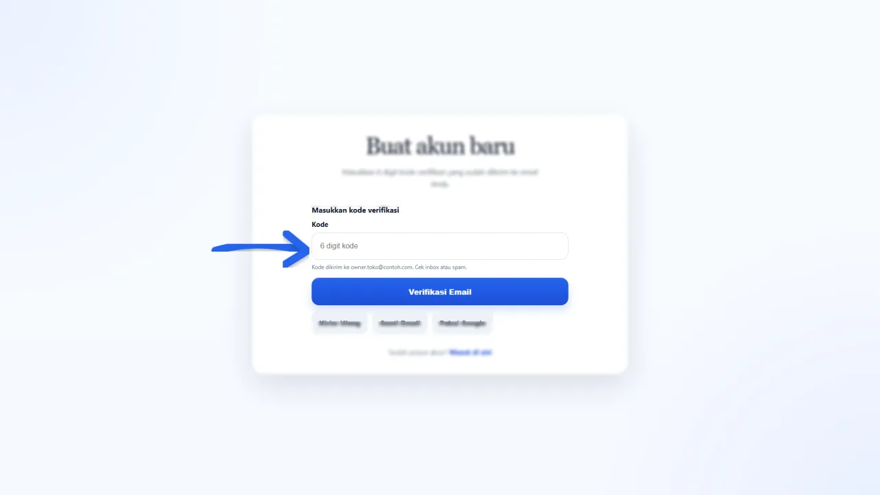Bagian Verifikasi Email dengan kolom kode, Kirim Ulang, dan Ganti Email
