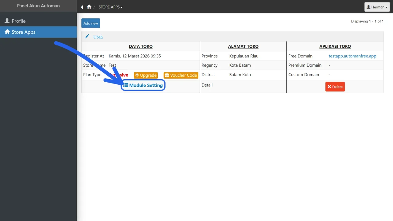 The Module Setting button on the Store App table in the Account Panel