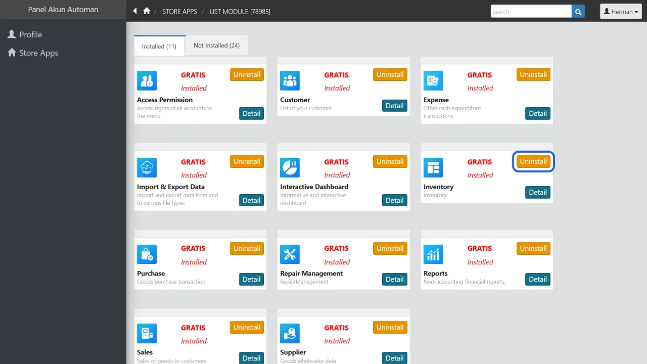 Illustration of Store App menus following the installed modules