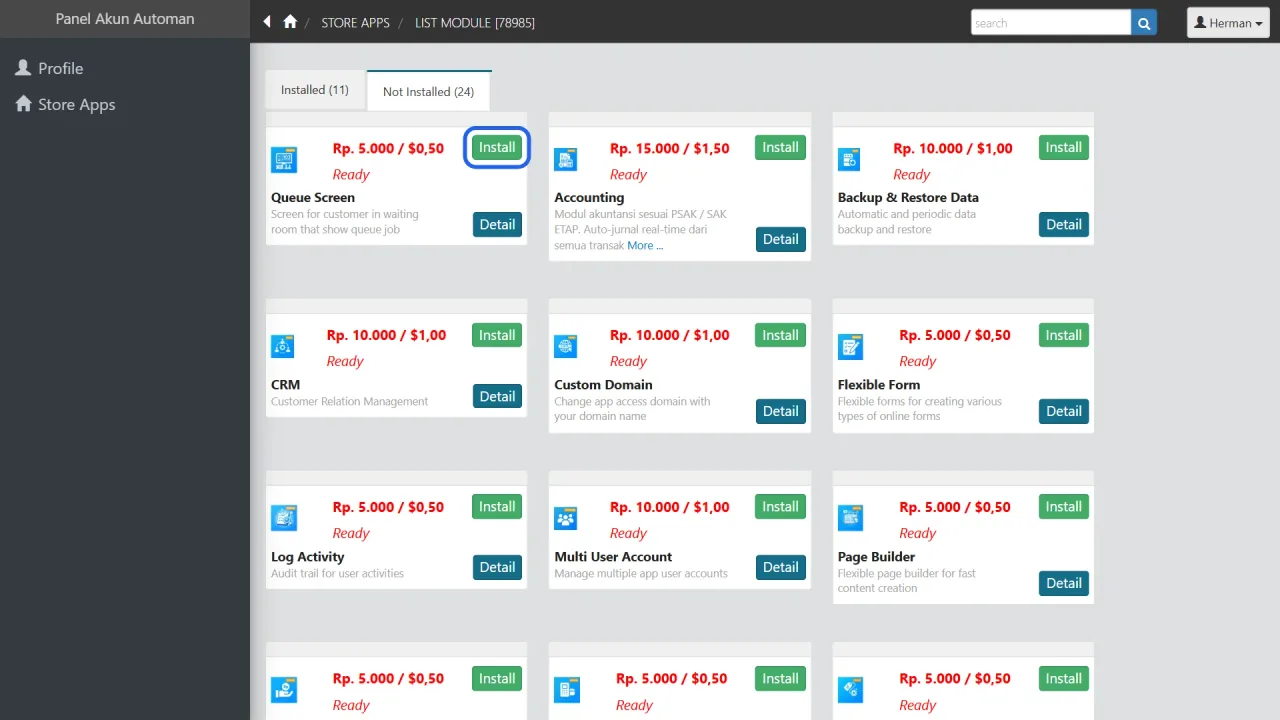 List Module Available with the Install button