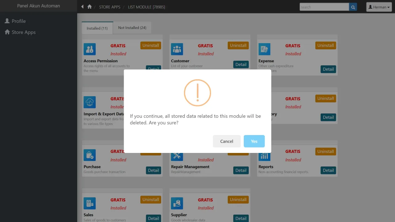 The module Uninstall confirmation with a data-loss warning