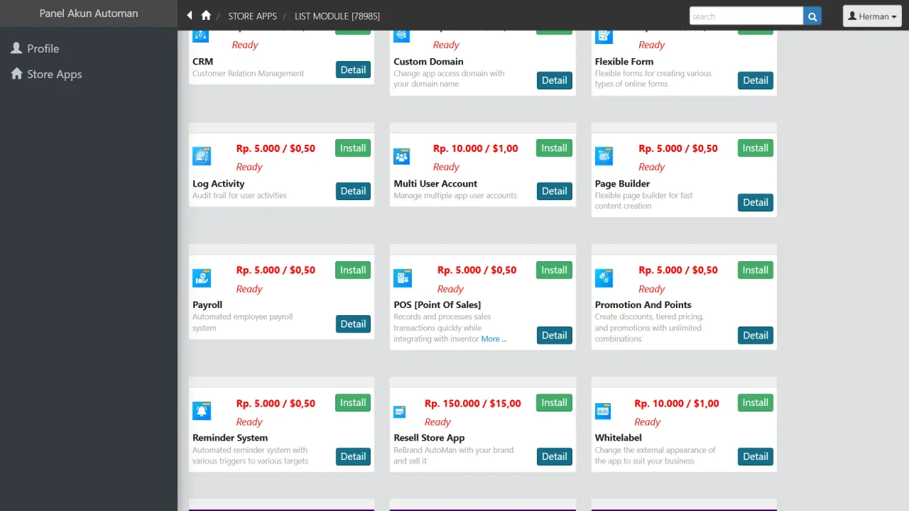 The premium module list showing CRM POS Payroll Promotion And Points and others