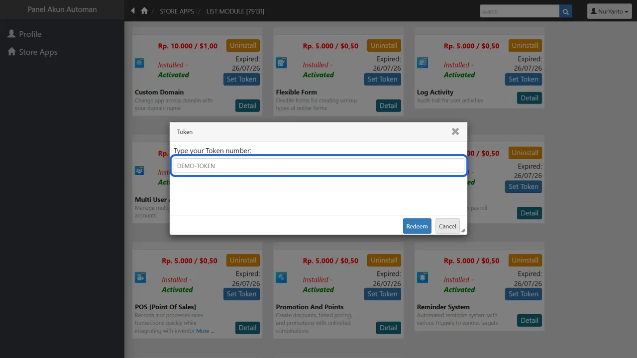 The Set Token button on a module in List Module Installed and the Redeem form