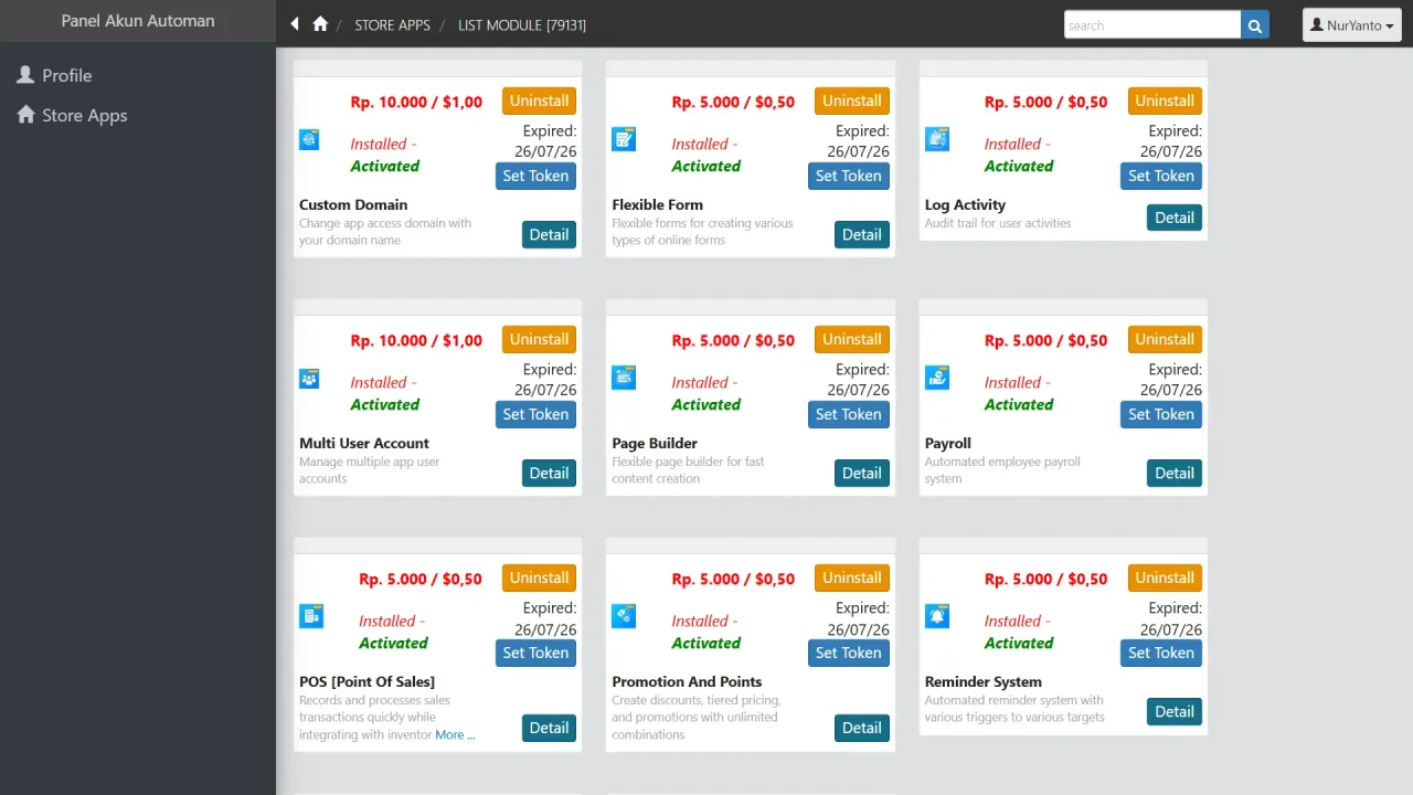 Premium modules showing expiry dates and Set Token buttons