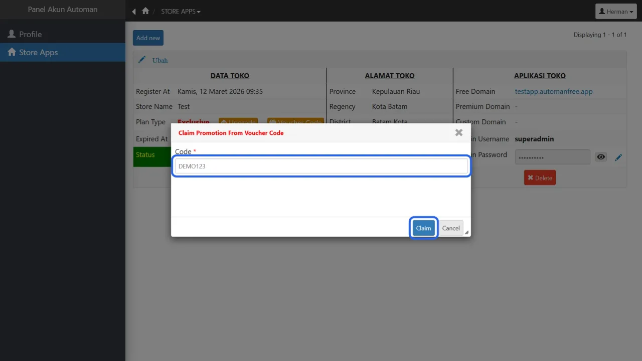 The activation-voucher claim form in the Account Panel