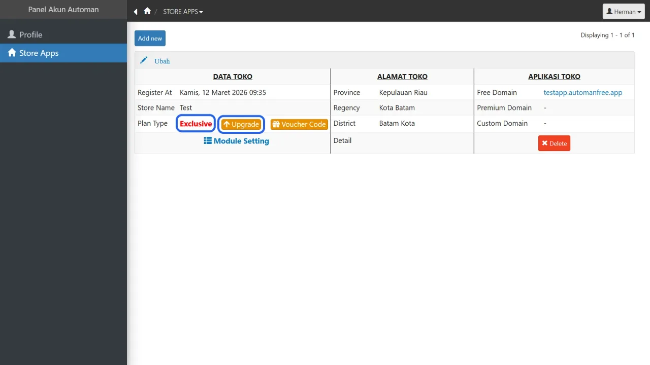 The plan Upgrade button on the Store App table