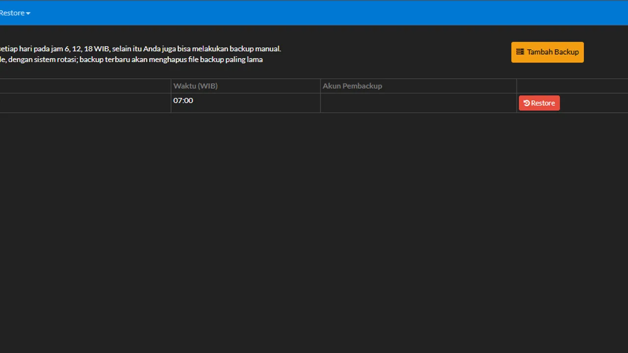 The Backup & Restore menu open on an admin account