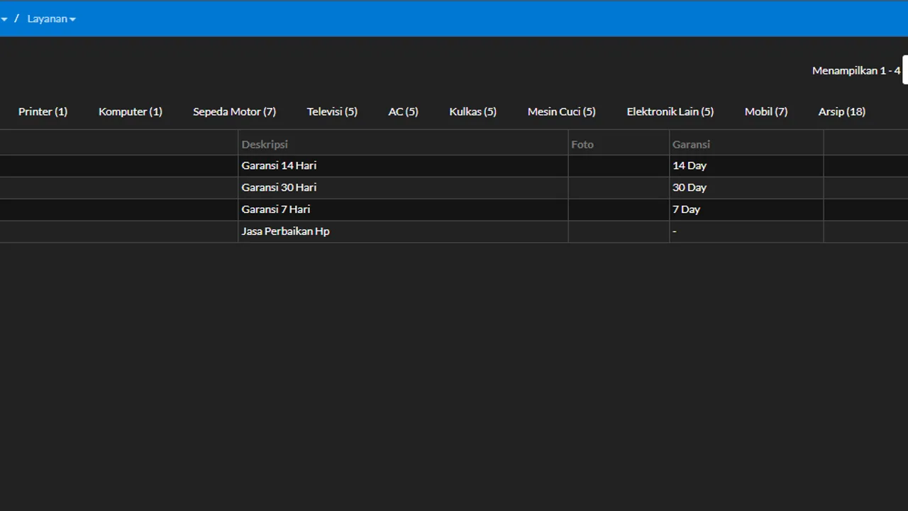 Built-in repair service list together with its rates