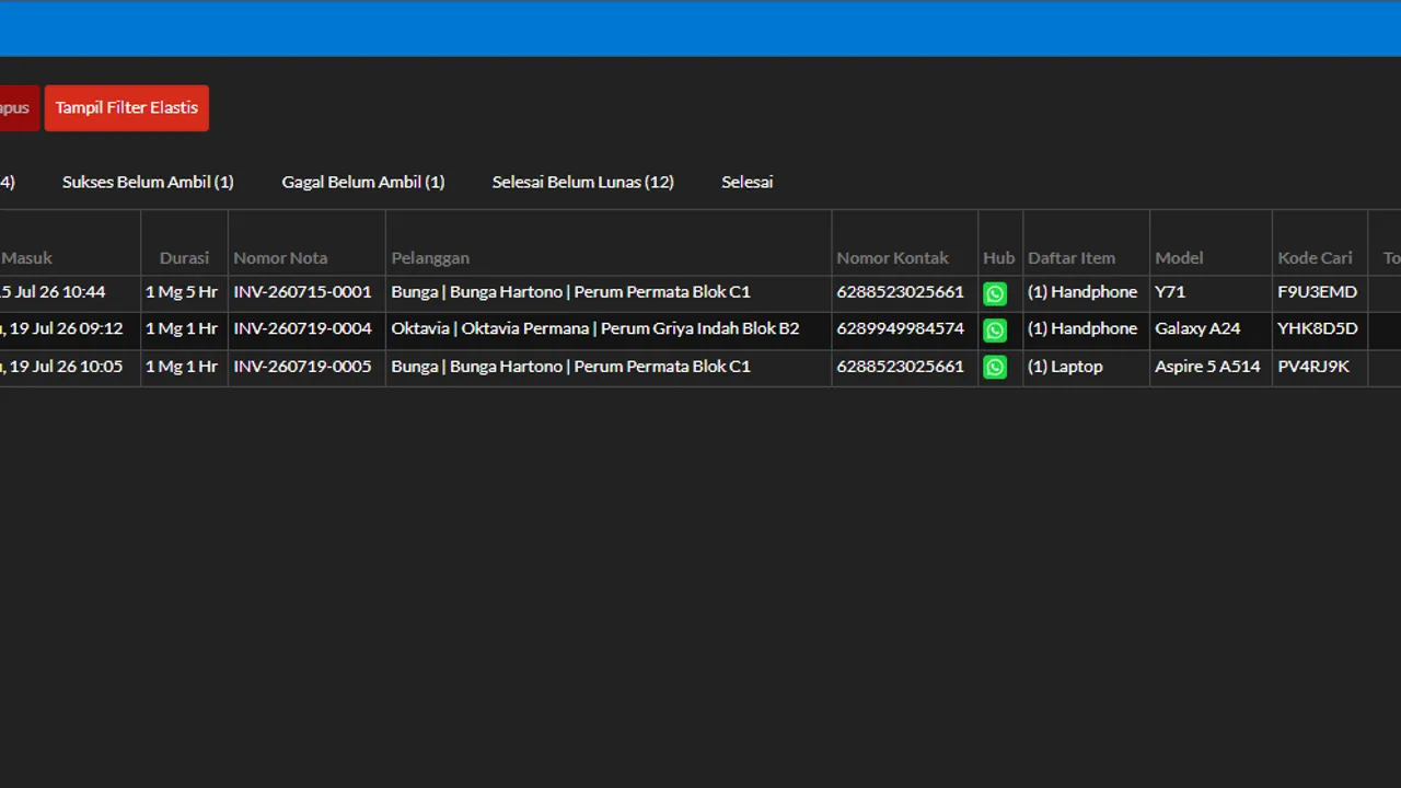 Repair list showing the Add new and Quick add buttons