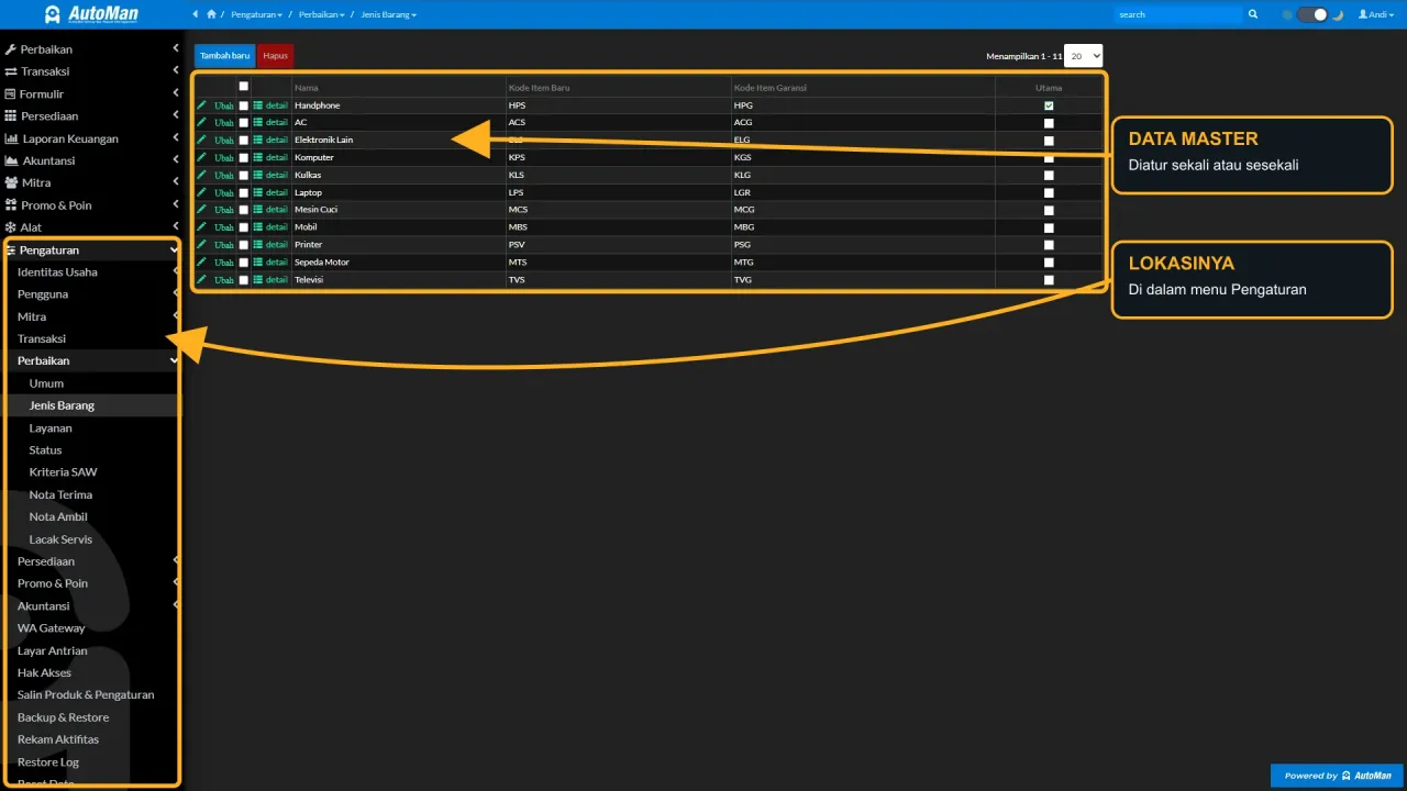 The Repair Settings menu showing Item Types prepared during setup and changed occasionally