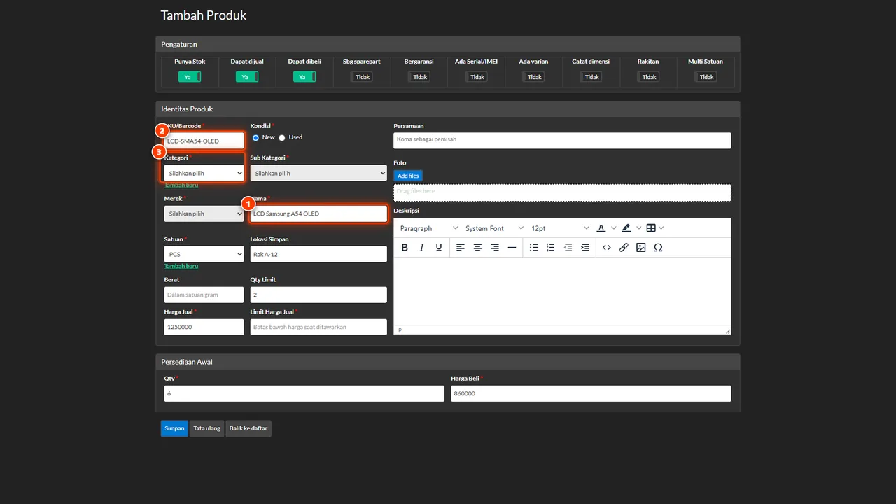 The new product form with name, SKU, category, brand, and unit