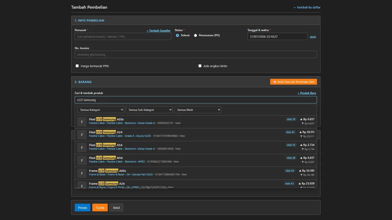 Product search on the purchase form finding the newly created product