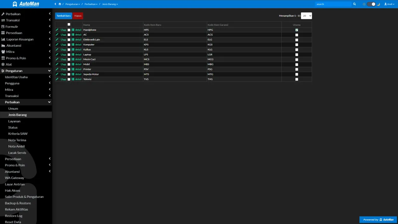 The open sidebar on Settings Repairs Item Types followed by opening the Brands tab from the Handphone Detail action