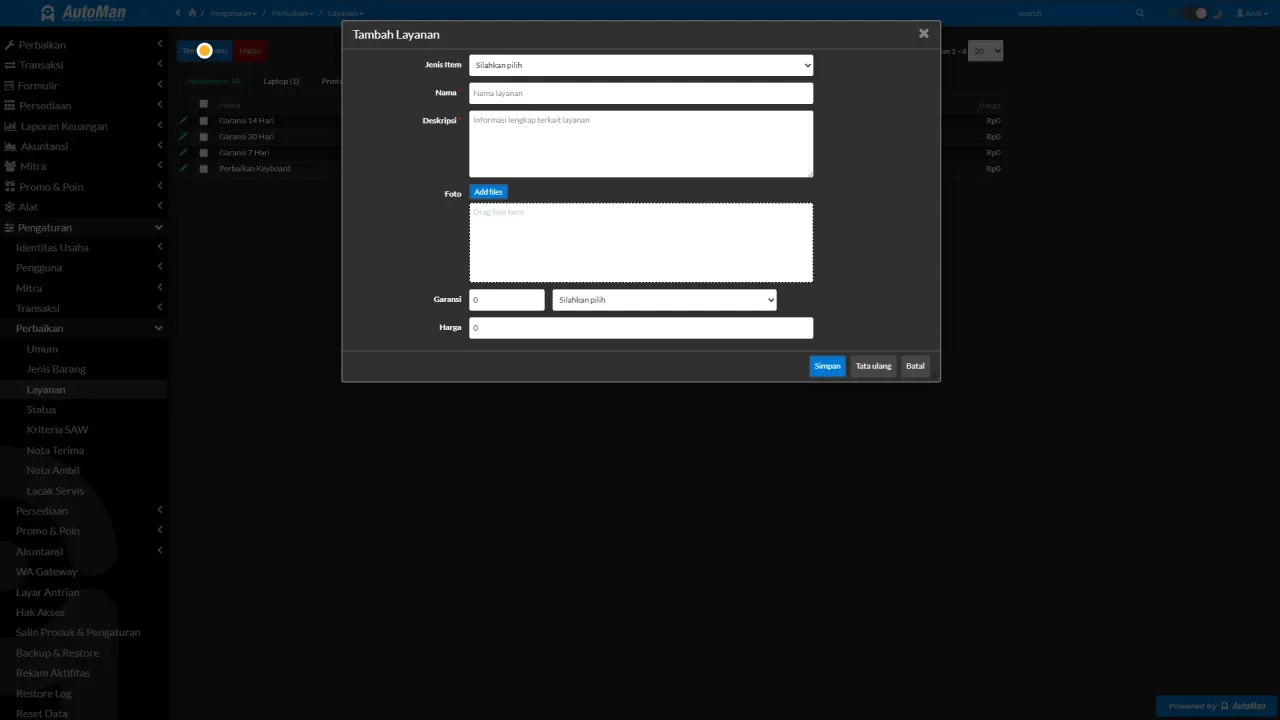 The Services master list showing service names prices and warranties