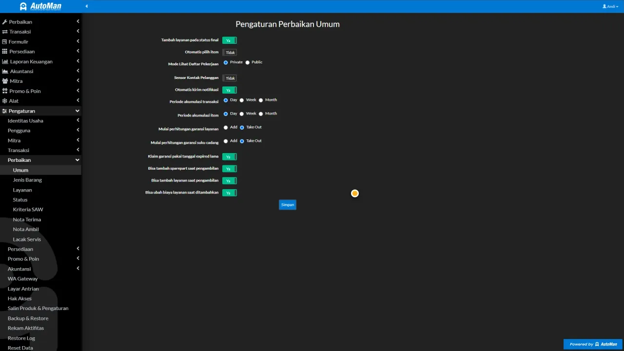General Repair Settings with the Allow changing service cost when added option