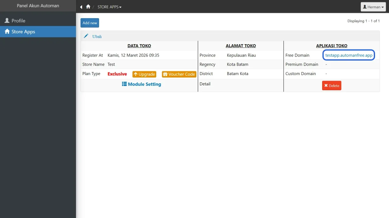 The Account Panel showing one Store App with its domain plan voucher Upgrade and Module Setting controls