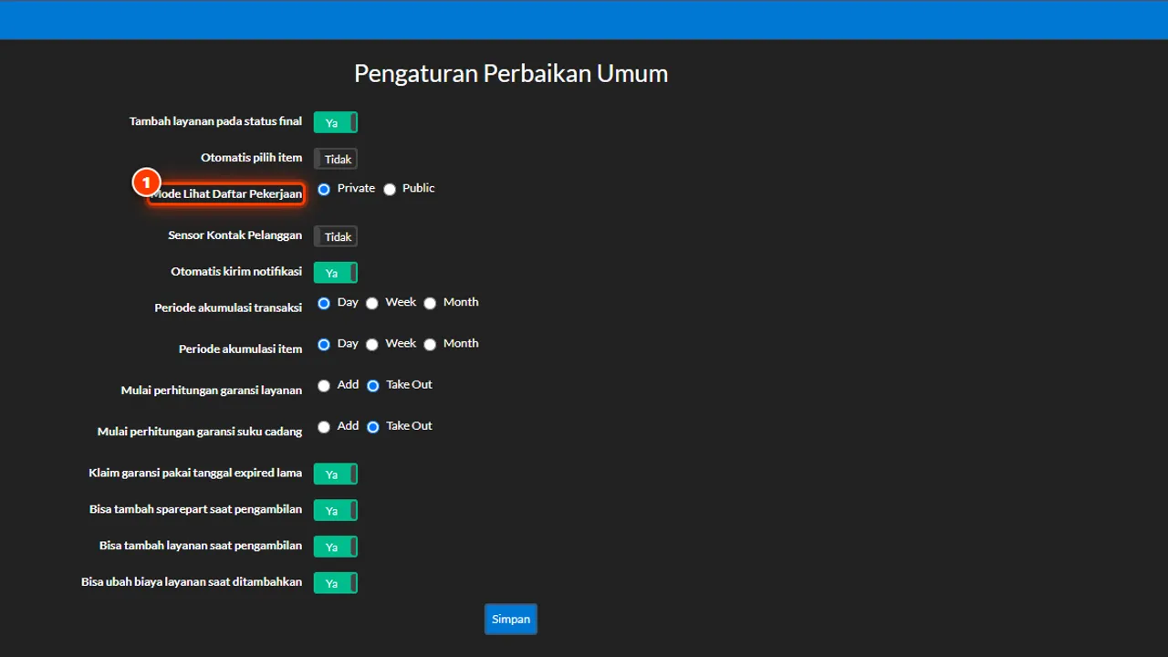 General Repair settings with workflow privacy and warranty options