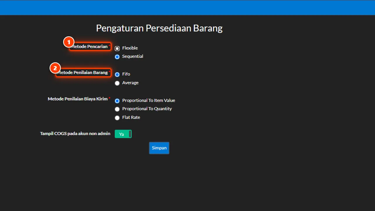 Inventory Management settings with search and costing options