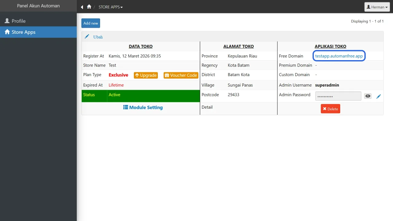 The Automan Account Panel showing the Store App list and the enter-application button