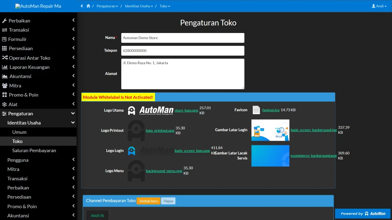 The Store Settings form with shop name phone address and logo assets