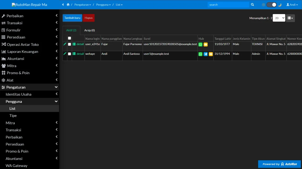 The user settings page with the staff account list and cashier, technician, front-desk access groups