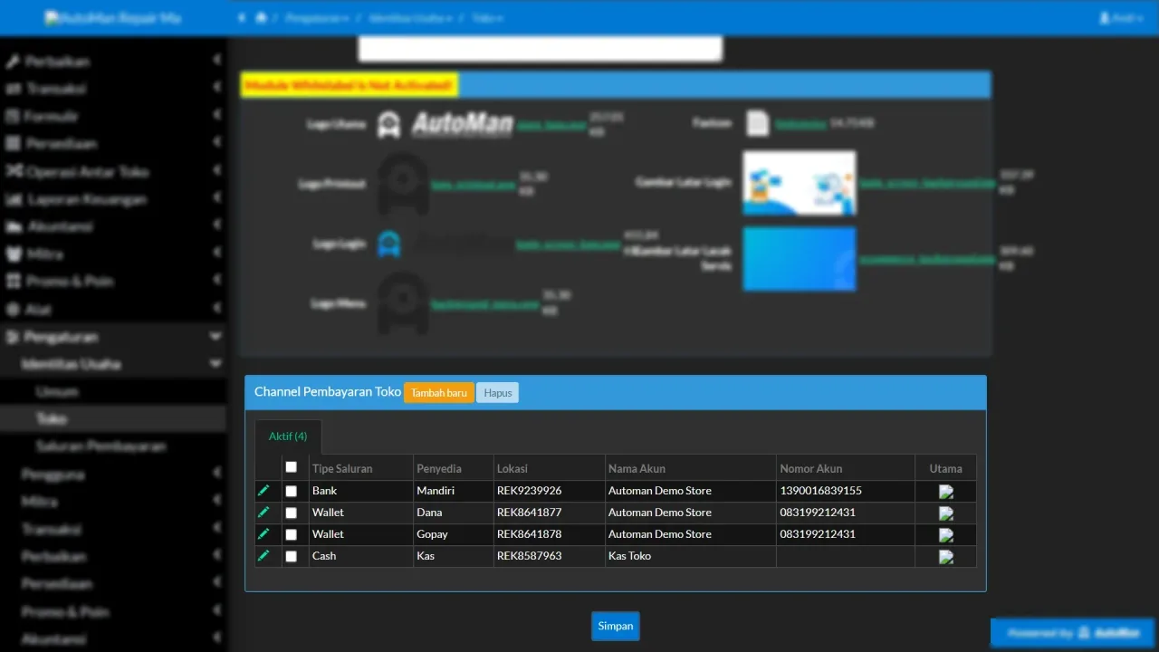 The shop's payment channel list: cash drawer, bank account, and e-wallet