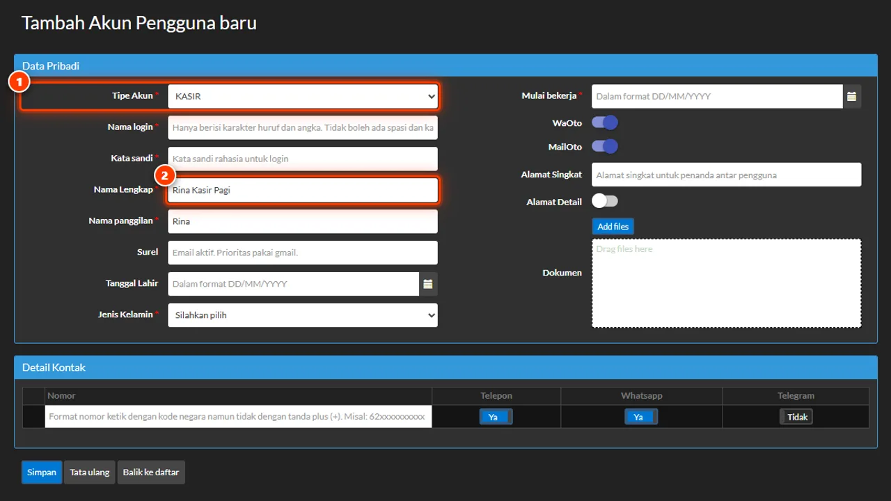 The add-user form attaching a new user to the cashier or technician group